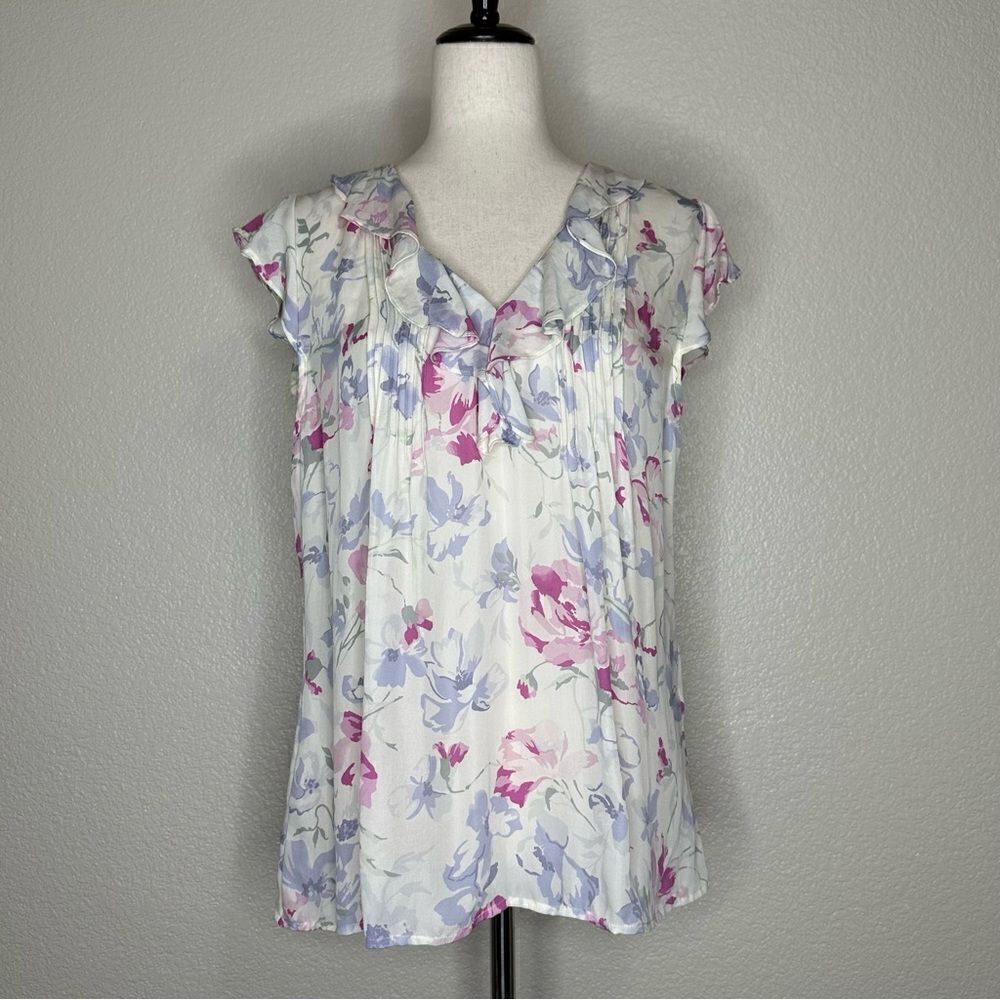 Joie 100% Silk Olvera Floral Print Ruffled Blouse Top, Sz Medium